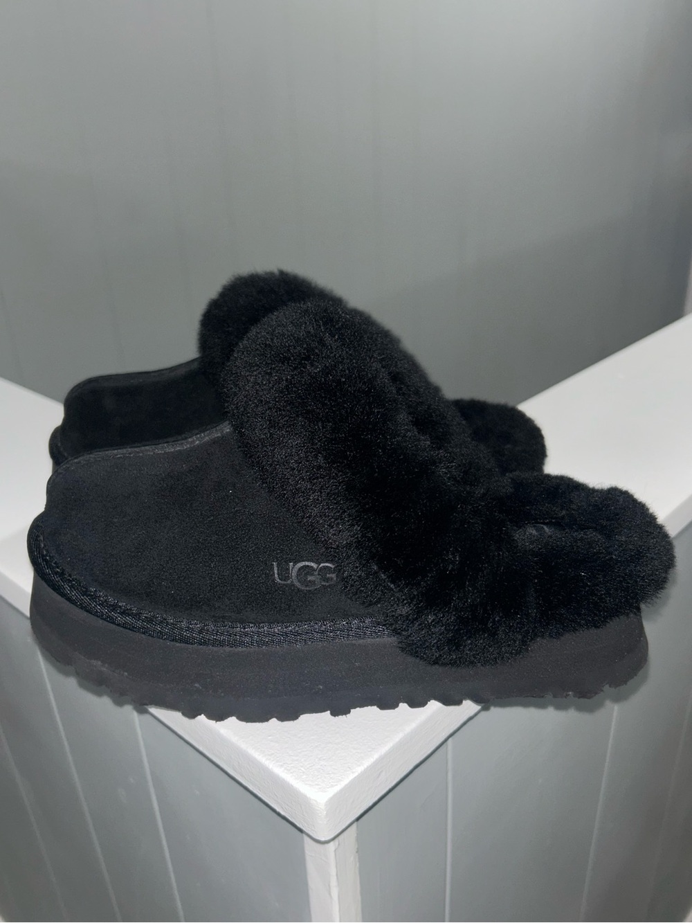 UGG Black Suede Shearling Cuff Slippers